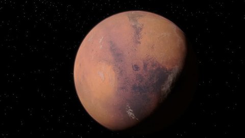 Mars Flyby - starting on the daylight side and finishing on a silhouette of the planet. Hellas Plantia, the largest crater on Mars, is visible. CG render that uses textures derived from NASA photos. Stock Video