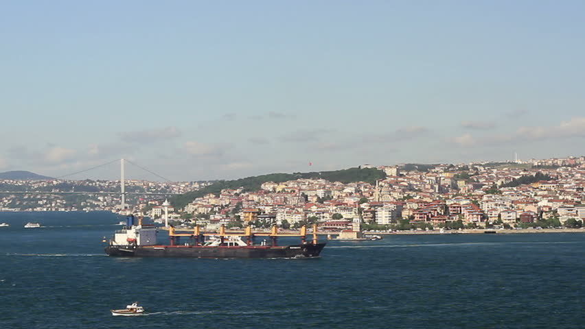 Cargo ship on route to Marmara Sea; Istanbul, Turkey 