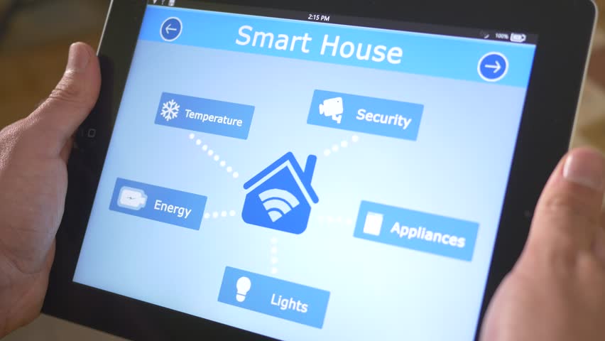 Smart house automation application on tabletcontroling the different lights sources of the building. The market is expected to grow of 11.36% between 2014/2020, and reach $12.81 billion by 2020. Royalty-Free Stock Footage #12176600