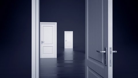 3d opening white doors on black background, light at the end