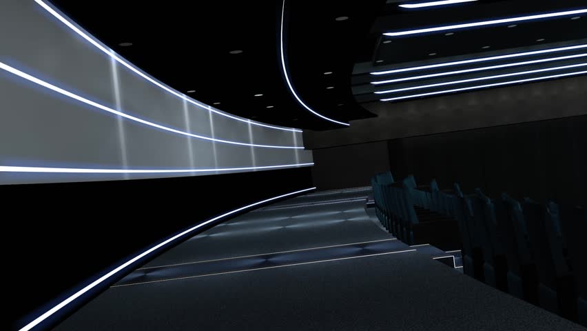 Computer generated animation of an entrance to a green screen movie theater.