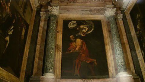 Caravaggio St Matthew  lights turn OFF 2 clips. Rome, Italy. 2011