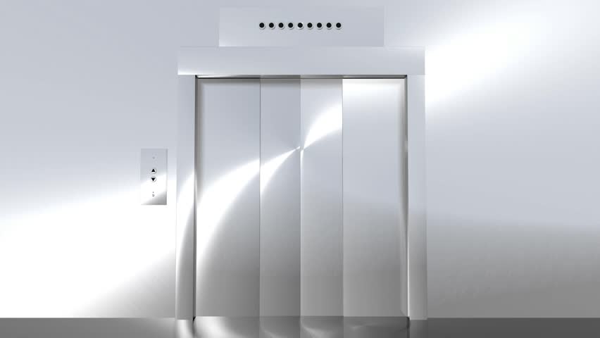 Computer generated animation of a modern elevator going up to green screen. High