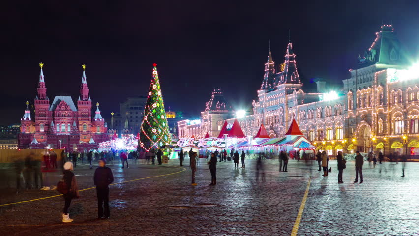 night illumination moscow red square ice rink panorama 4k time lapse russia
