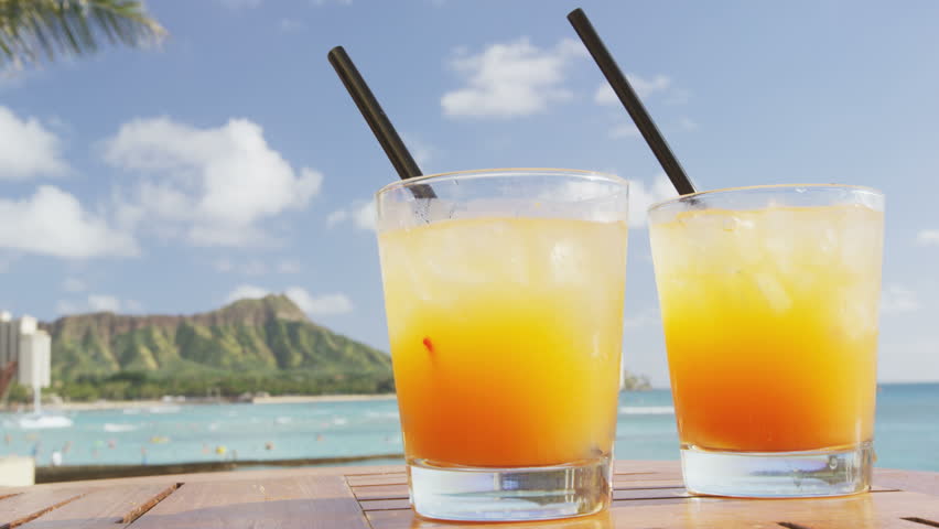 Drinks Tails On Tropical Beach Alcoholic Drink Close Up Drinks Tails On Tropical Beach