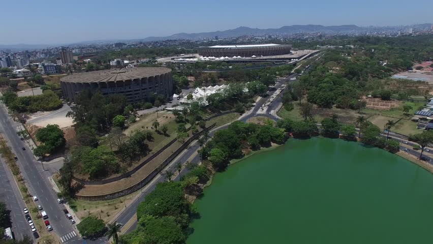 Aerial View of Lagoa da Pampulha and Minerao Stadium, in the city of Belo Horizonte, capital of Minas Gerais, Brazil