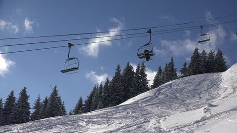 ROMANIA, SINAIA, 11 FEBRUARY, 2015, 4K People in Alps Ski Lift, Alpine Cable Car, Winter Sports, Tourists Skiing