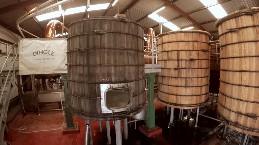 Whiskey distillery in Dingle, Ireland. Inside drone.