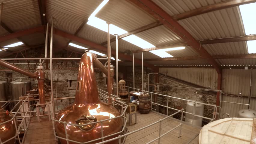Whiskey distillery in Dingle, Ireland. Inside drone.