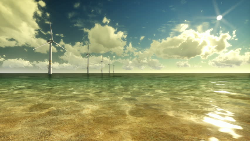 Wind Mills Off Shore and Time Lapse Clouds