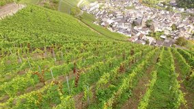 Aerial video footage of a village (Dernau) in a winegrowing area in germany at the river Ahr