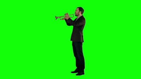 Man standing and trumpet melody. on a Green Screen, Chroma Key. Professional shot on BMCC RAW with high dynamic range. You can use it e.g in your commercial video, business video, office theme.