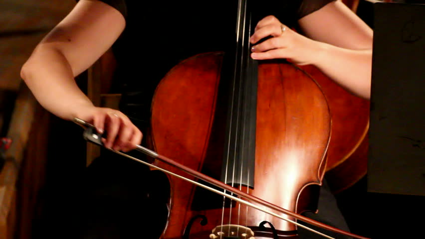 close-up view on violoncello in orchestra