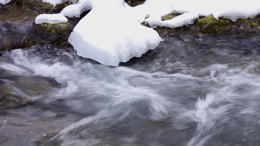 Brook In Winter - Beautiful mountain stream with snowy sheets of ice in winter while snow falls.
