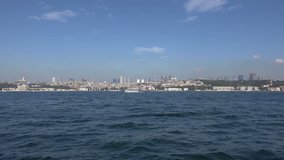 Zooming in on the European part of Istanbul in Turkey. The sea in the foreground is the Bosporus Strait and the footage was shot from Asian part.