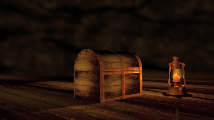 Computer generated animation of a wooden treasure chest opening to green screen.