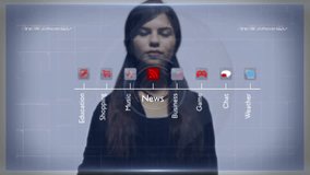 Young girl is touching the virtual screen. Touch screen news select. Technology works. Business life. Future technology. virtual reality. Switch files, open and close files - Powered by Shutterstock - Get 15% off with code: PIKWIZARD15