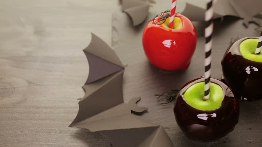 Handmade red candy apples for Halloween.