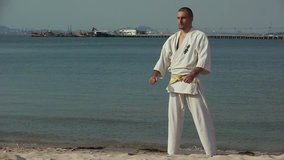 Karate Kokushenkay Man on the beach practicing, he does exercise. Behind him ships, seascape, sky, summer hdv Static, Hd, Hidef, Fx, Definition, High Stock Video Footage 