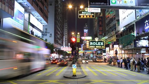 HONG KONG - MARCH 20: Timelapse of pedestrians crossing Nathan Road at night, March 20 2011 in Kowloon, Hong Kong, China. Nathan Road is a commercial street also known as the "Golden Mile" and the main thoroughfare in Kowloon, Hong Kong. 