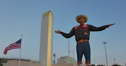 DALLAS STATE FAIR OF TEXAS, OCT 15: The new Big Tex at the State Fair of Texas speaks and waves one of his hands to great the fair visitors. Dallas, Texas, October 15, 2015