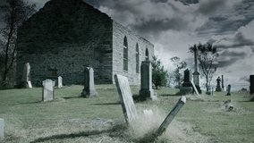 Toned Time Lapse of a Very Dark and Sullen Halloween kind of Footage of Abandoned Church and Cemetery on a Moody Cloudy Day