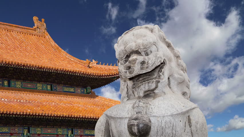 Stone Guardian Lion Statue in Beihai Park -- is an imperial garden to the northwest of the Forbidden City in Beijing, China    