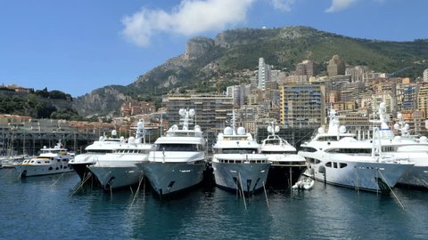 Monaco - June 2015: Aerial yacht Monte Carlo building finance marina insurance business boat harbor luxury tourism coastline travel