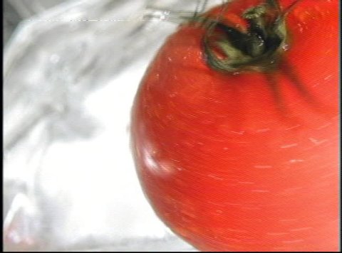 Ripe red tomato being spun on glass while water is spraying