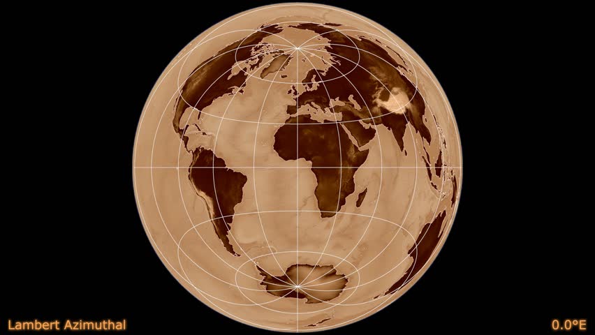 Distortion patterns. Animated world map in the Lambert Azimuthal projection. Shaded elevation map used. Continents darker. Elements of this image furnished by NASA