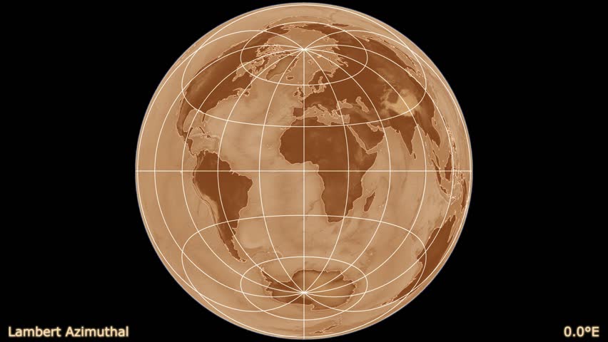 Distortion patterns. Animated world map in the Lambert Azimuthal projection. Shaded elevation map used. Elements of this image furnished by NASA