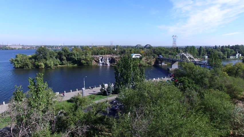 Flight to Quadrocopters on The Dnieper River on The City of Dnepropetrovsk. Timelapse