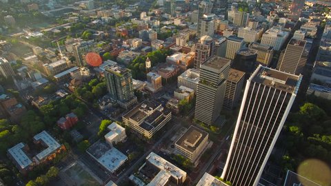 Aerial video of downtown SW Portland in Oregon.