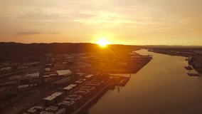 Aerial video of the Freemont bridge in Portland Oregon at sunset.