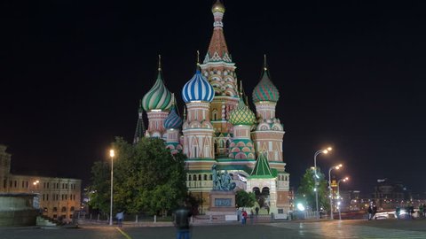 St. Basils cathedral and monument to Minin and Pozharsky at night from Red Square timelapse hyperlapse in Moscow, Russia 4K