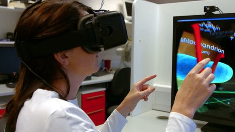 Caucasian scientist using oculus rift in lab in high quality 4k format
