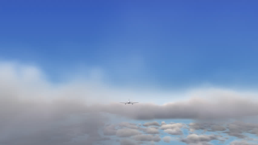 Animation of airplane flying over clouds - front view