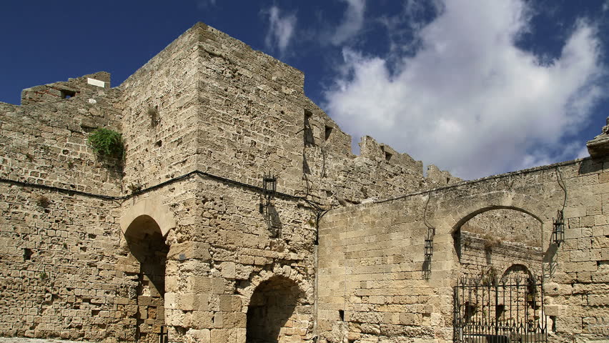 Medieval city walls in Rhodes town, Greece  (time lapse)