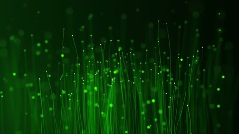 Abstract background with glowing particles and light lines.  Animation rotation of optical fiber wires. Animation of seamless loop.