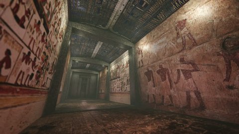 Animated tomb with old wallpaintings in ancient Egypt 4K. 3d rendering