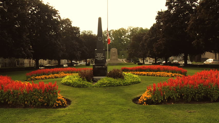 War Memorial in the town square. Salvia flowers.
Cambridge, Ontaio, Canada 