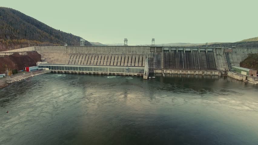 aerial shot, Hydroelectric Power Station in Krasnoyarsk city, sea, reservoir, river Yenisei