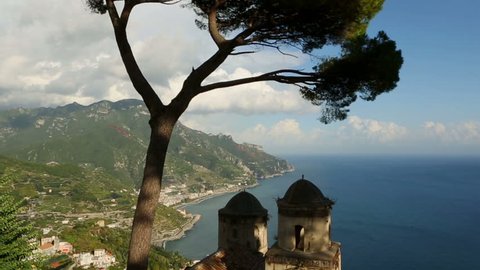 Beautiful relaxation place with wonderful panorama,Villa Rufolo,Ravello,Amalfi coast,Italy,Europe. Video footage. horizontal camera movement