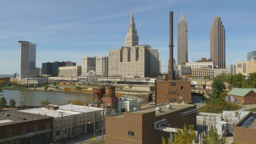 Skyline of Cleveland, Ohio, USA. Autumn. Viewed from Hope Memorial Bridge. 
