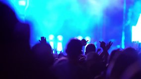4K video of a group of cheering people at a life music concert, some visible noise due high ISO, soft focus, some motion blur due movement