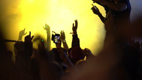 4K video of a group of cheering people at a life music party, some visible noise due high ISO, soft focus, some motion blur due movement