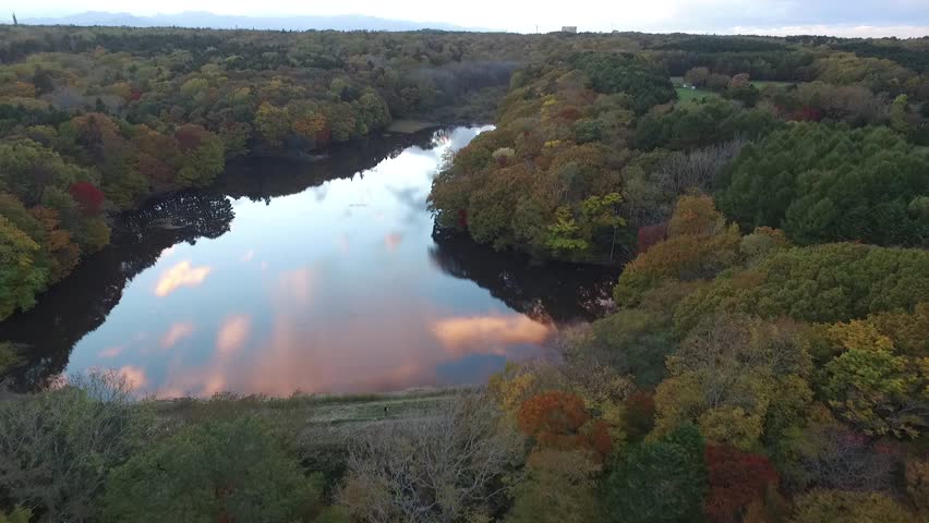Aerial: sky and clouds reflected on the autumn leaves and pond of virgin forest _7
/ October 14, 2015 in Japan of the shooting in Hokkaido /
Dusk shooting dim bad weather