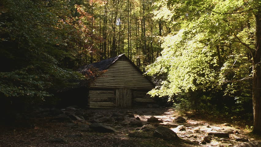 A historic,weathered cabin nestled in the woods of the Great Smoky Mountains in the shadow of autumn trees