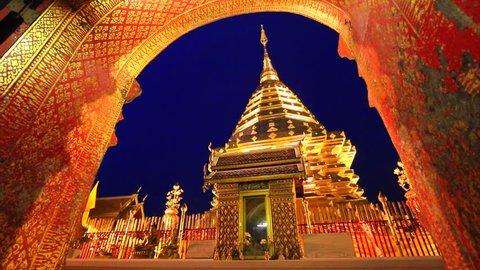 Golden pagoda at Temple wat phra That Doi Suthep and fireworks in Chiang Mai Province Asai, Thailand,
