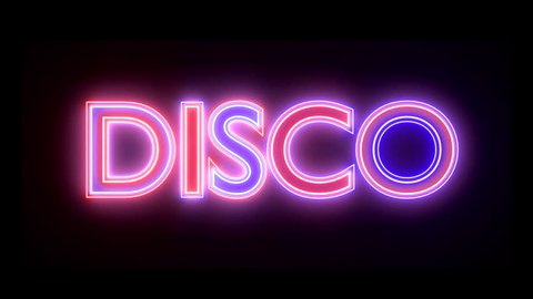 Disco neon sign lights logo text glowing multicolor 4K